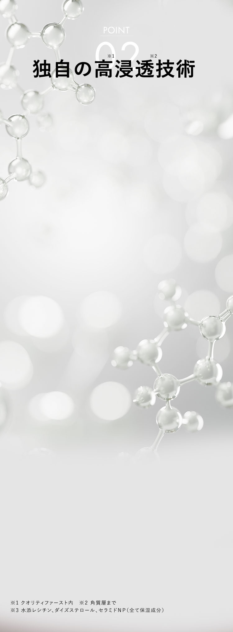 POINT02 独自の高※1浸透※2技術 ※1 クオリティファースト内 ※2 角質層まで ※3 水添レシチン、ダイズステロール、セラミドNP(全て保湿成分)