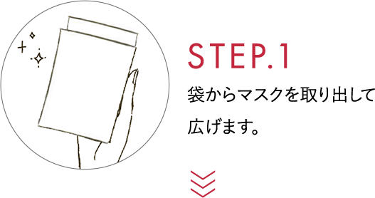 STEP.1 袋からマスクを取り出して広げます。