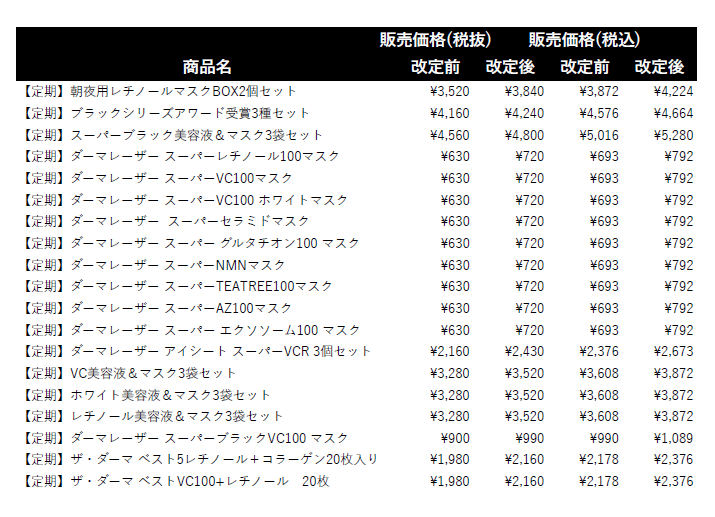 重要】商品価格変更のお知らせ(2026年10月～)