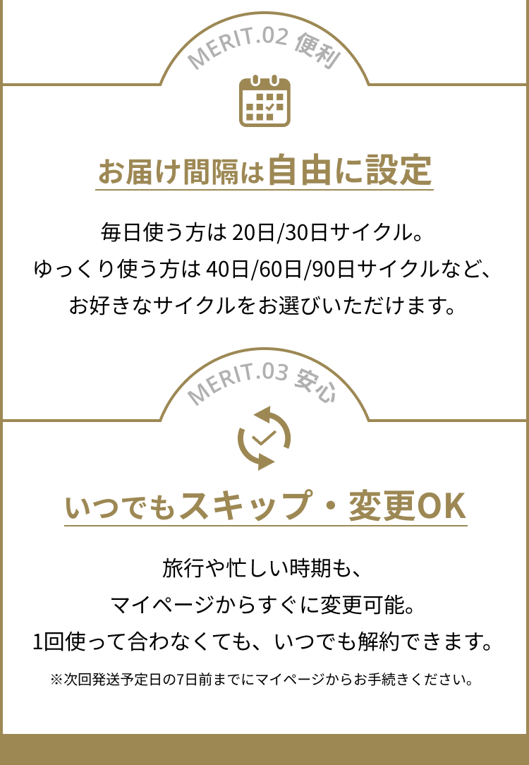 MERIT.02 便利：お届け間隔は自由に設定。毎日使う方は20日/30日サイクル。ゆっくり使う方は40日/60日/90日サイクルなど、お好きなサイクルをお選びいただけます。MERIT.03 安心：いつでもスキップ・変更OK。旅行や忙しい時期も、マイページからすぐに変更可能。1回使って合わなくても、いつでも解約できます。※次回発送予定日の7日前までにマイページからお手続きください。