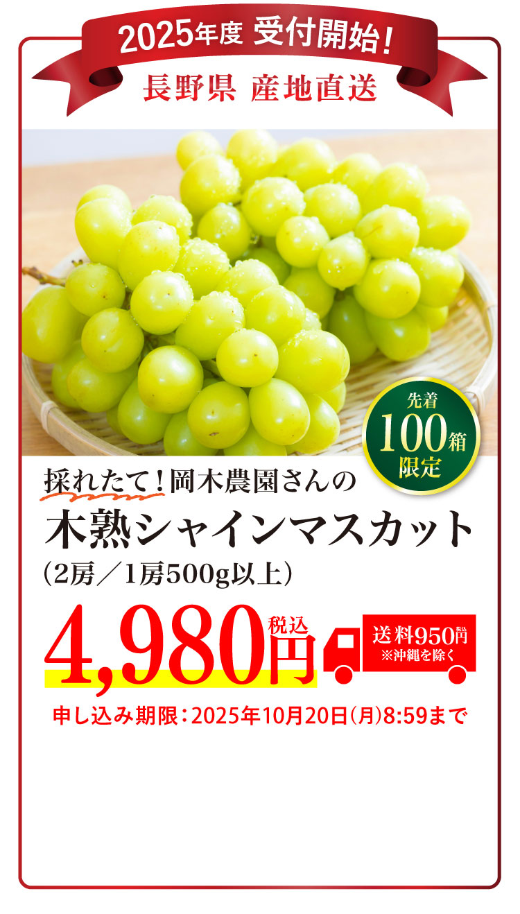 産地直送】採れたて！岡木農園さんの木熟シャインマスカット（長野県