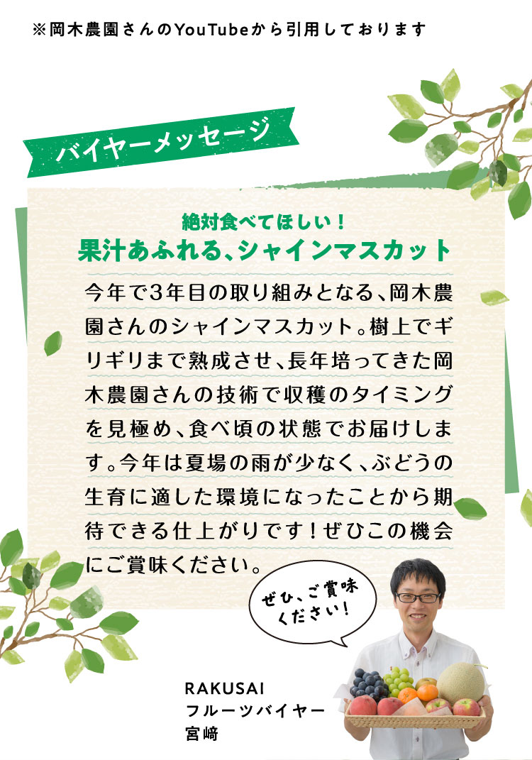 【産地直送】岡木農園さんの『木熟シャインマスカット』（長野県産）