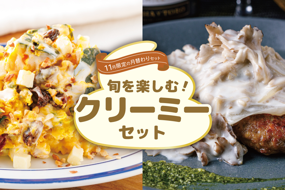 2025年11月3日(月)～12月1日(月)【11月限定の月替わりセット】クリームチーズサラダ＆クリームハンバーグ クリーミーセット