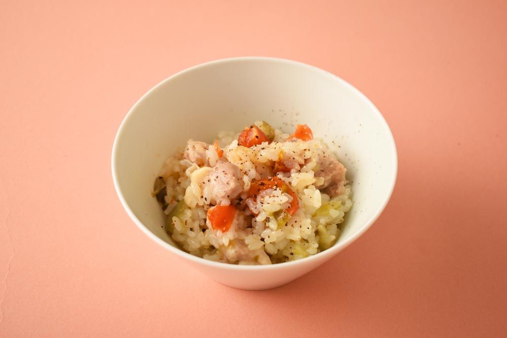 ロッソナポリタンと緑なすの炊き込み鶏めし