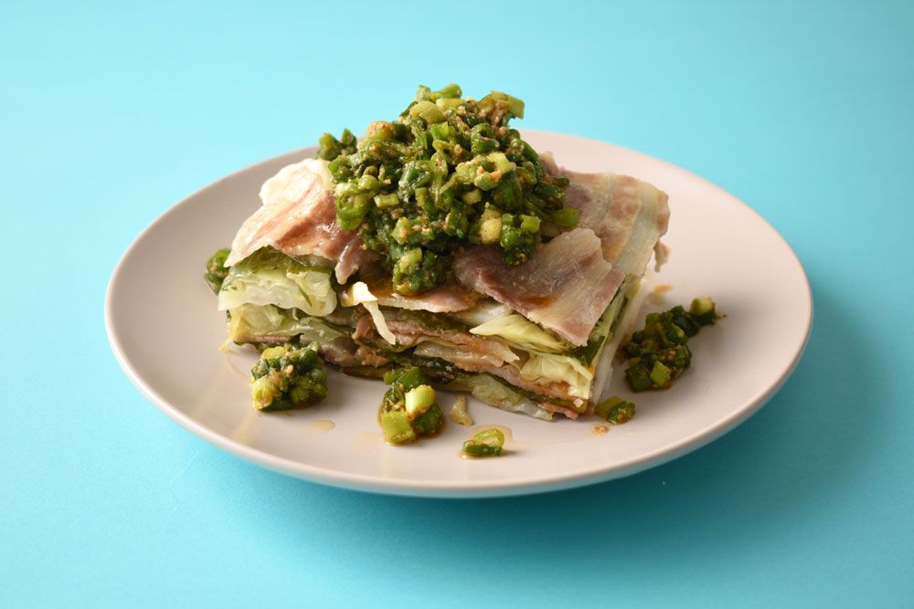 豚バラとキャベツのレンジ蒸し~ネギごまポン酢ソース~