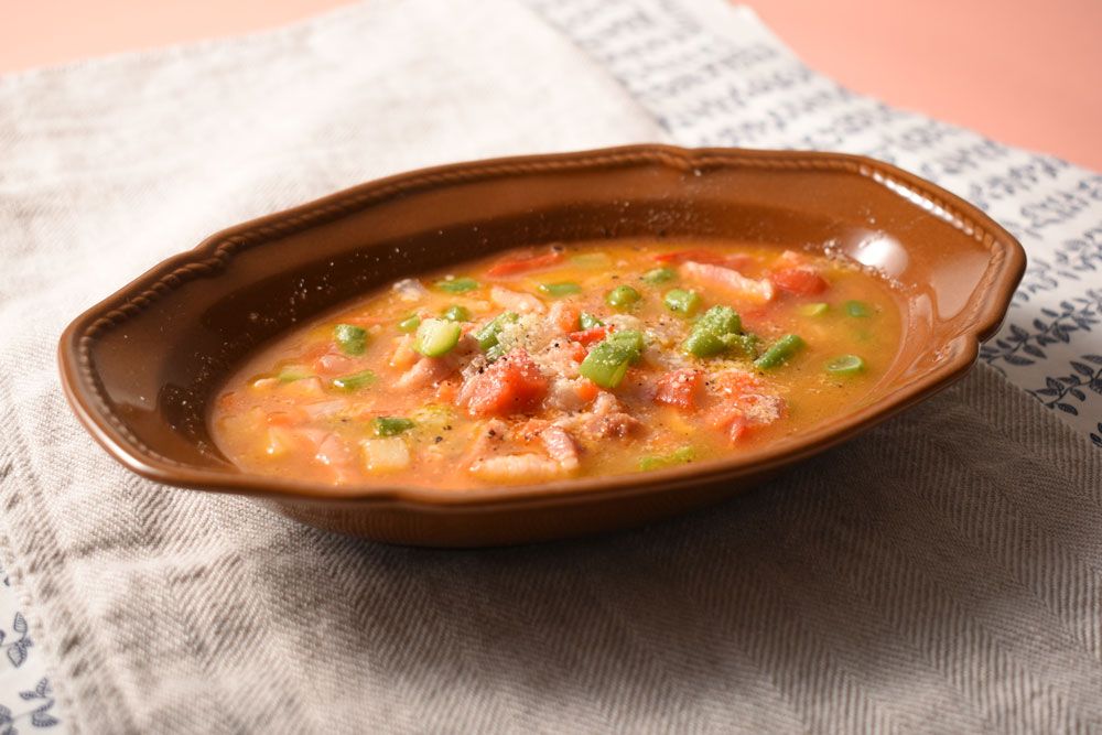 アスパラ皮の出汁のミネストローネ