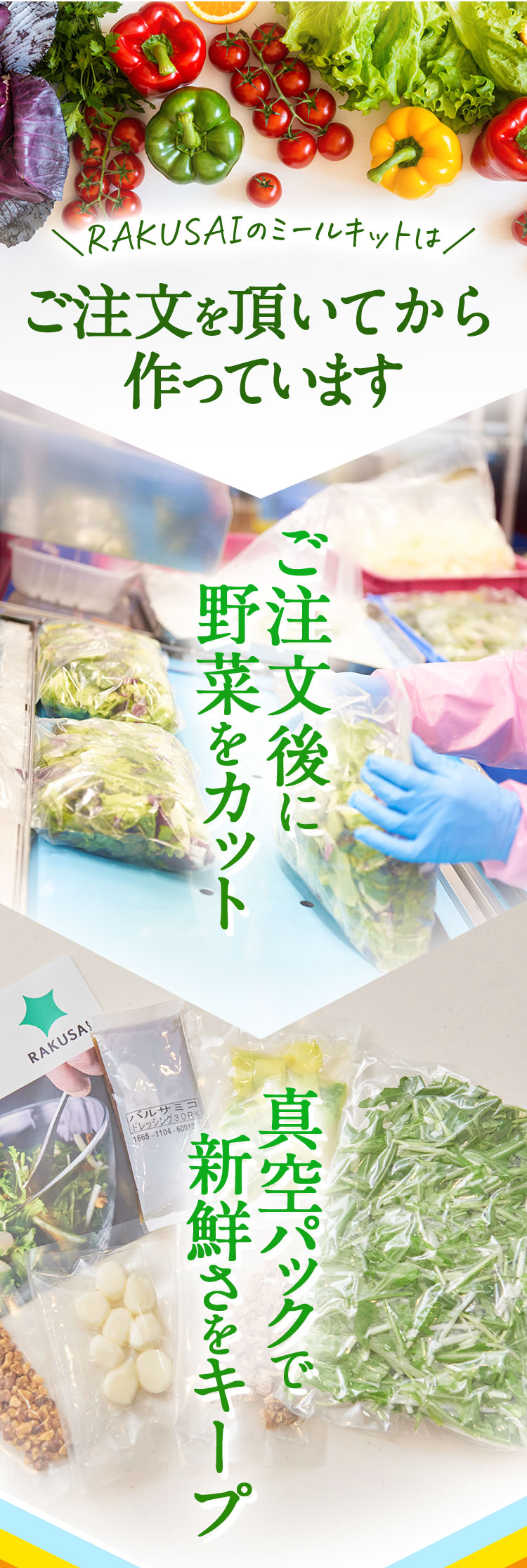 RAKUSAIのミールキットはご注文を頂いてから作っています ご注文後に野菜をカット 真空パックで新鮮さをキープ