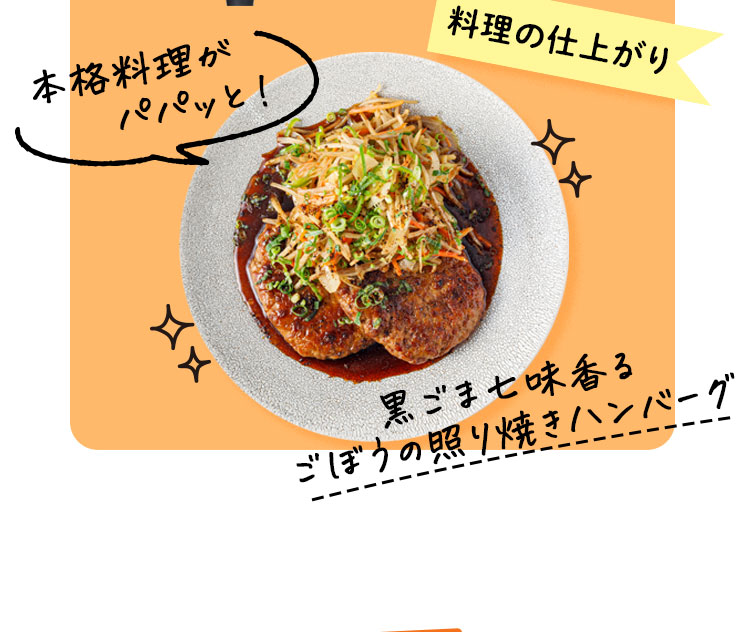 料理の仕上がり 本格料理がパパッと！ 黒ごま七味香る ごぼうの照り焼きハンバーグ