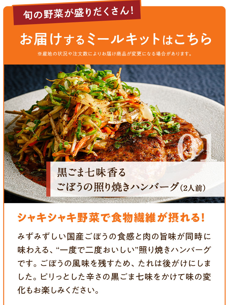 旬の野菜が盛りだくさん！ お届けするミールキットはこちら 黒ごま七味香る ごぼうの照り焼きハンバーグ シャキシャキ野菜で食物繊維が摂れる！