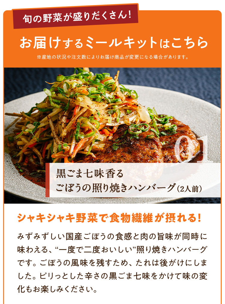 旬の野菜が盛りだくさん！ 黒ごま七味香る ごぼうの照り焼きハンバーグ