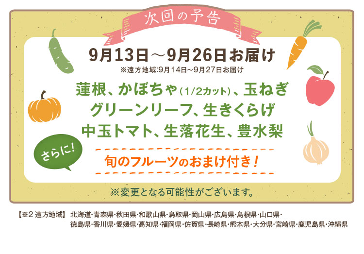 次回予告 9月13日～9月26日お届け 蓮根、かぼちゃ、玉ねぎなど旬のフルーツおまけ付き