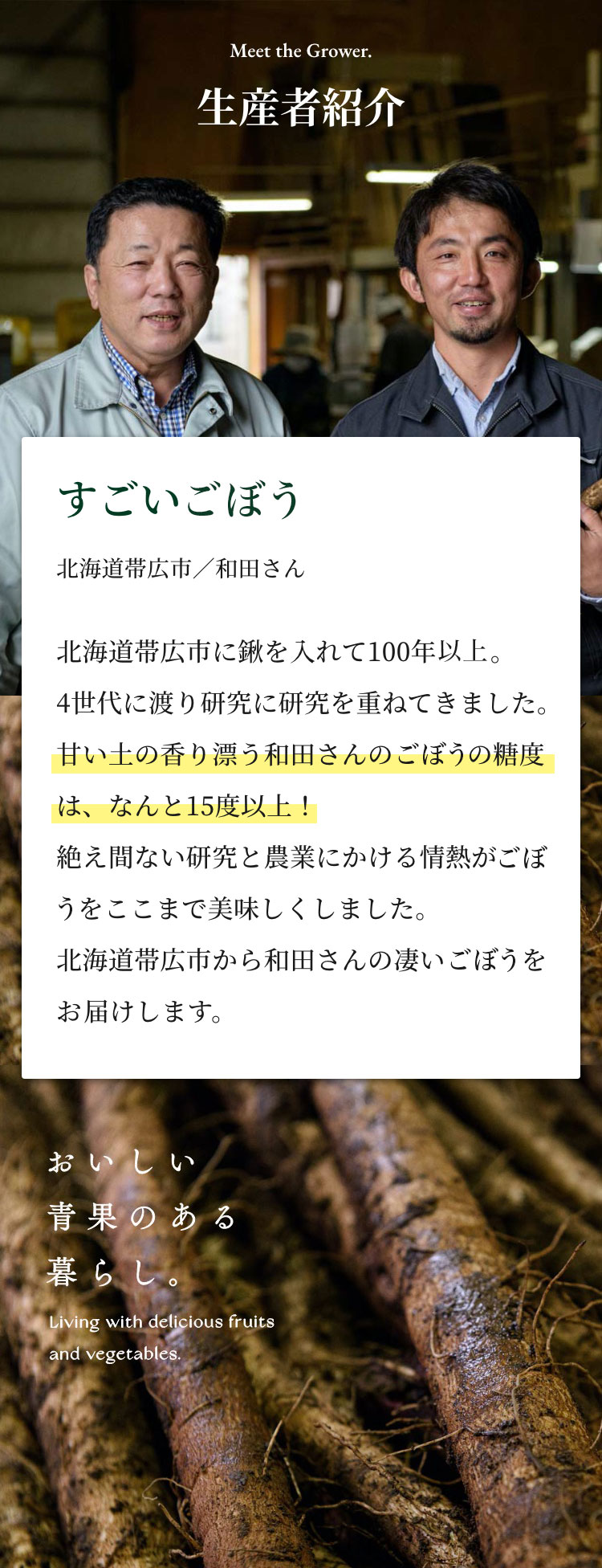 すごいごぼう 北海道帯広市／和田さん 甘い土の香り漂うごぼうの糖度は、なんと15度以上！