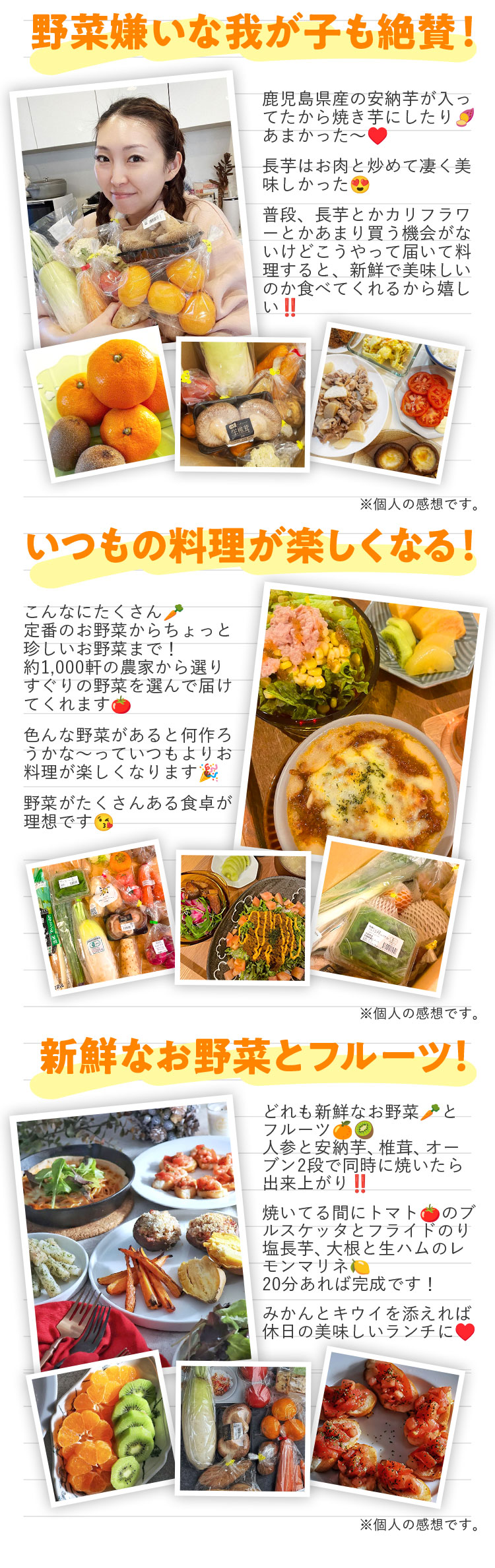 野菜嫌いな我が子も絶賛！いつもの料理が楽しくなる！新鮮な野菜とフルーツ！お客様の声