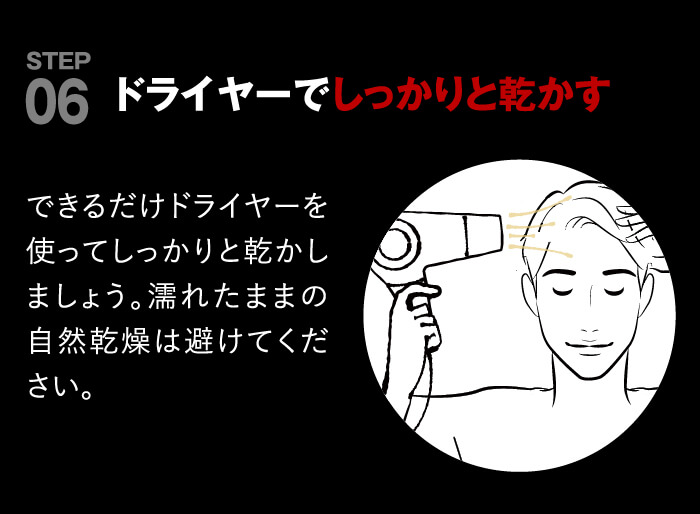 point06 ドライヤーでしっかりと乾かす。できるだけドライヤーを使ってしっかりと乾かしましょう。濡れたままの自然乾燥は避けてください。