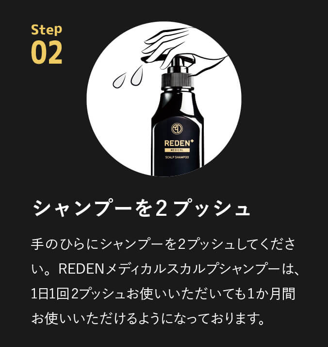 point02 シャンプーを２プッシュ。手のひらにシャンプーを２プッシュしてください。REDENメディカルシャンプーは、１日１回２プッシュお使いいただいても１か月間お使いいただけるようになっております。