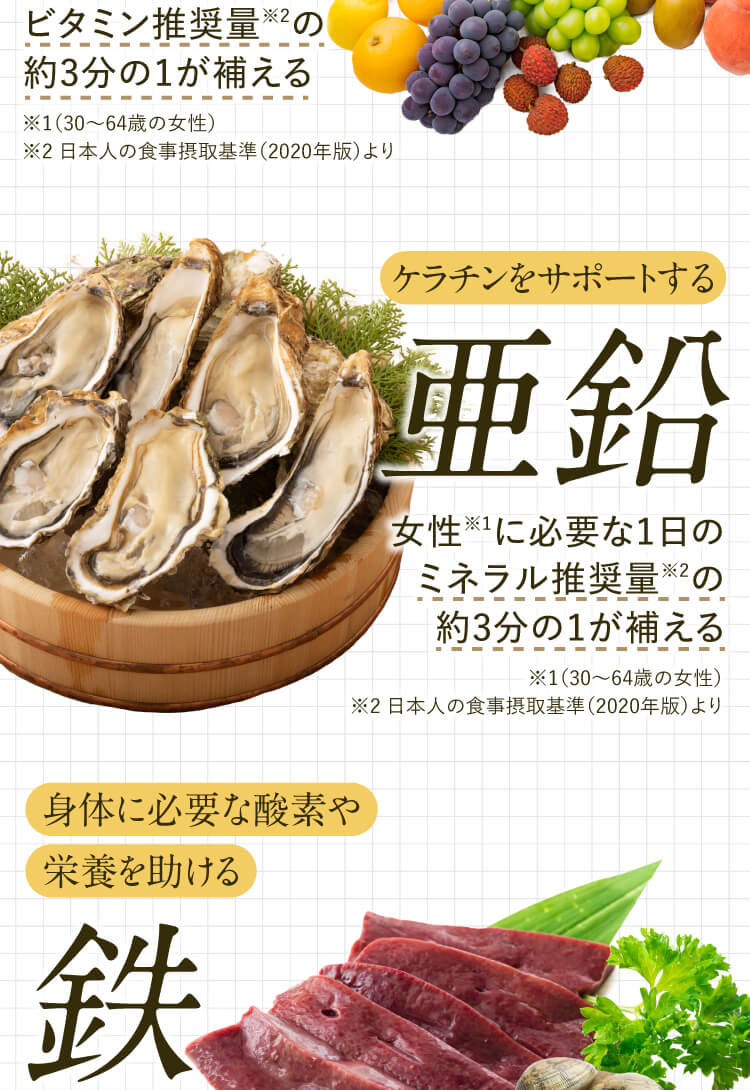 ケラチンをサポートする亜鉛身体に必要な酸素や栄養を助ける鉄