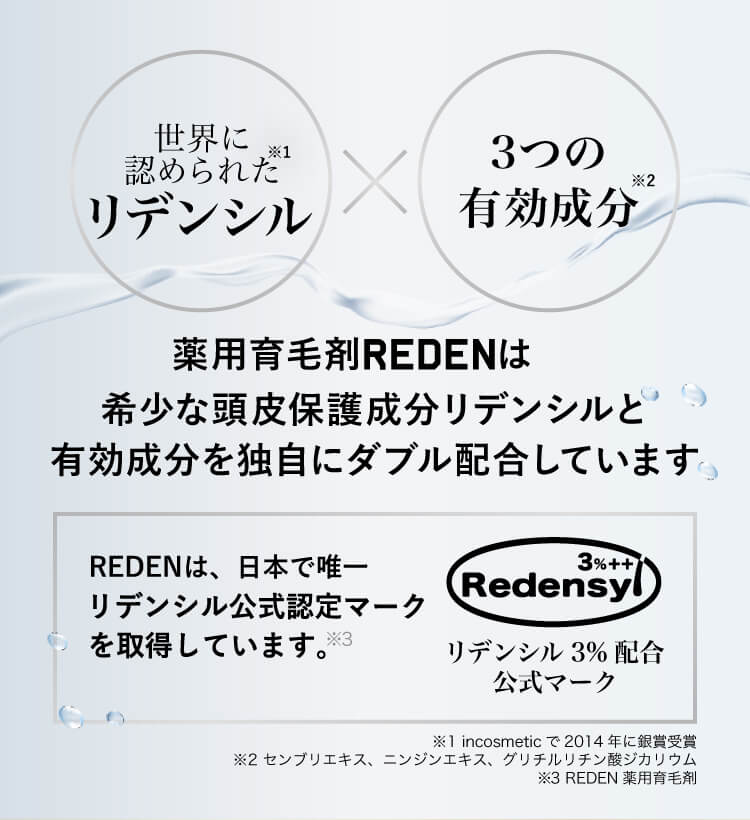 薬用育毛剤REDENは希少な頭皮保護成分リデンシルと有効成分を独自にダブル配合しています