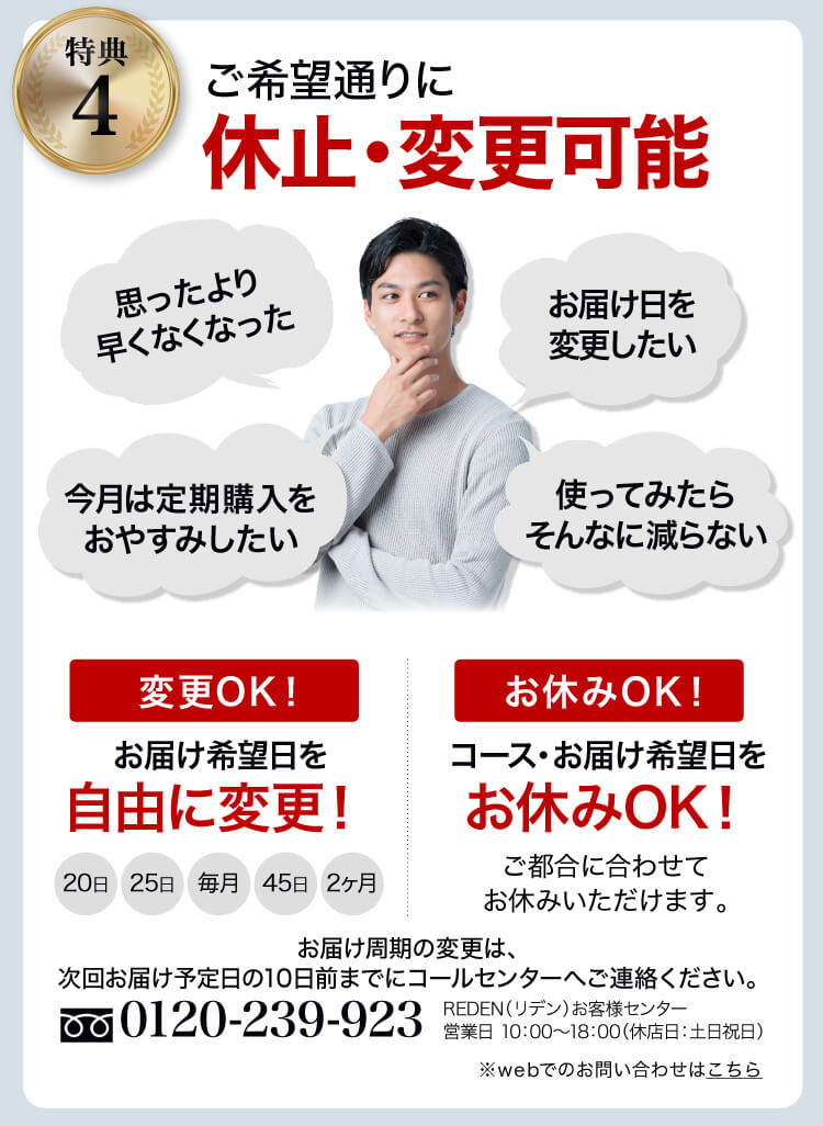 特典４いつでも解約、休止変更可能