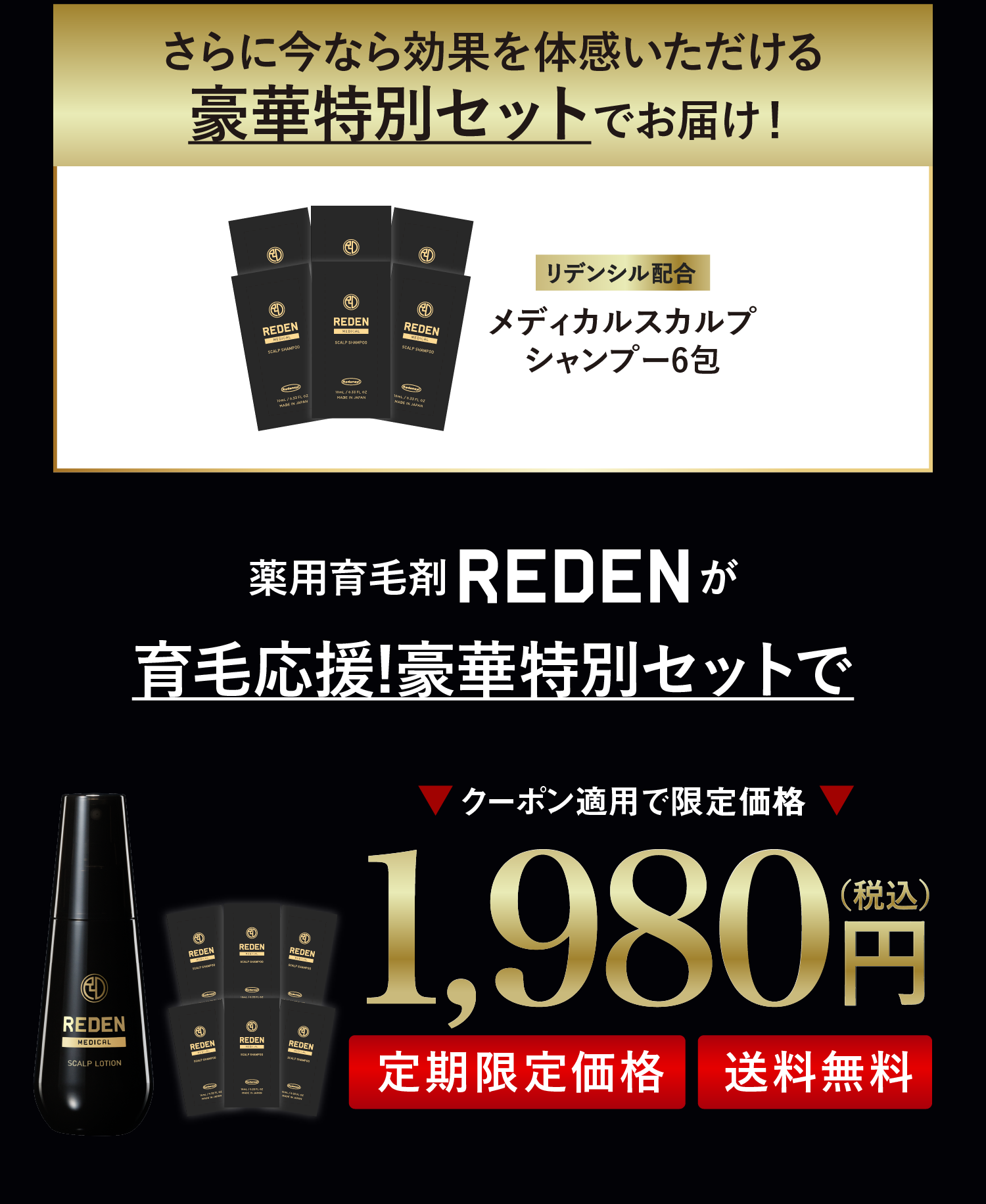 薬用育毛剤REDENが育毛応援豪華特別セットで1980円