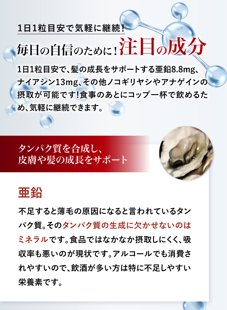 タンパク質を合成し、皮膚や髪の成長をサポートする亜鉛