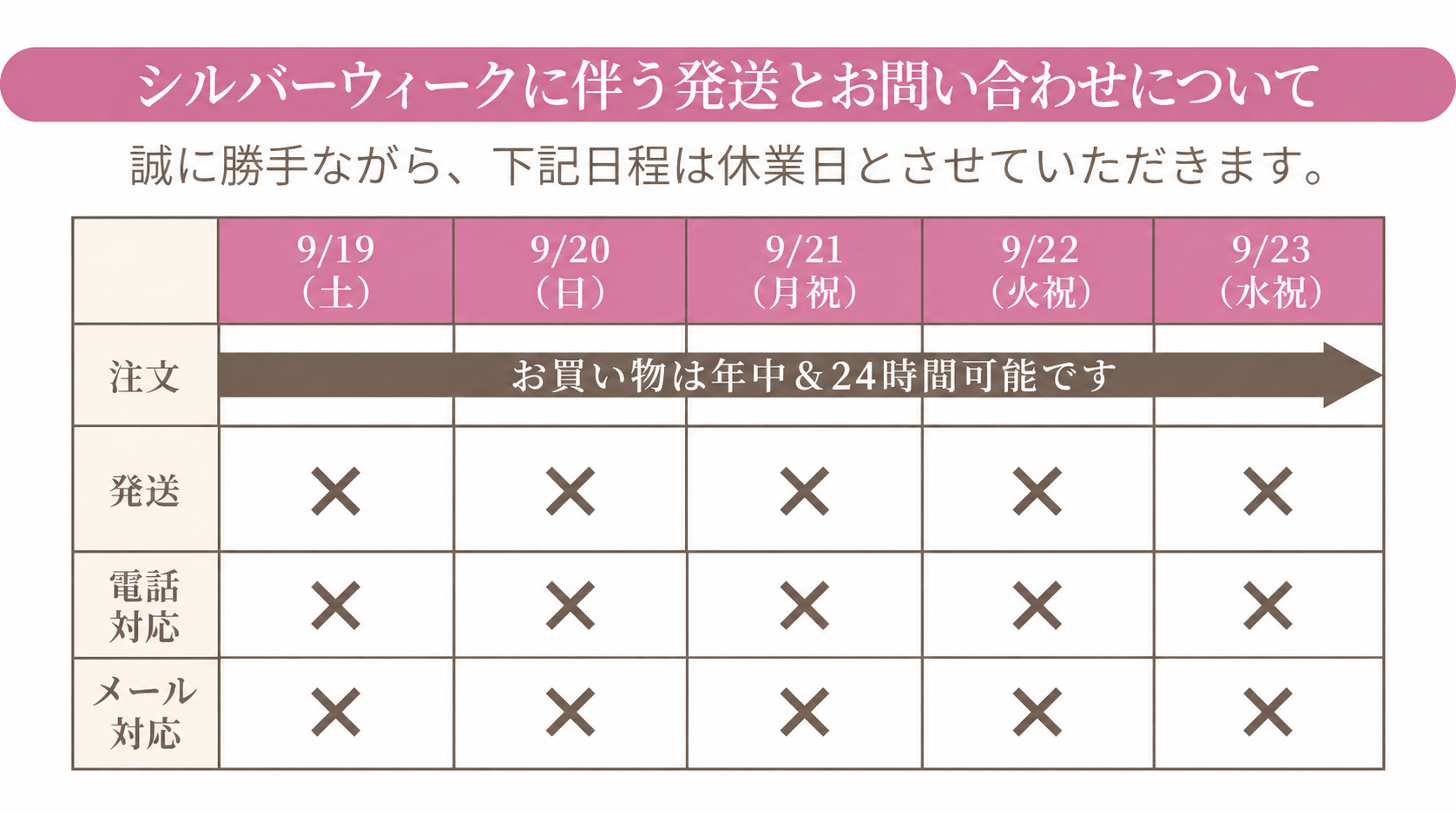 休業日のお知らせ表