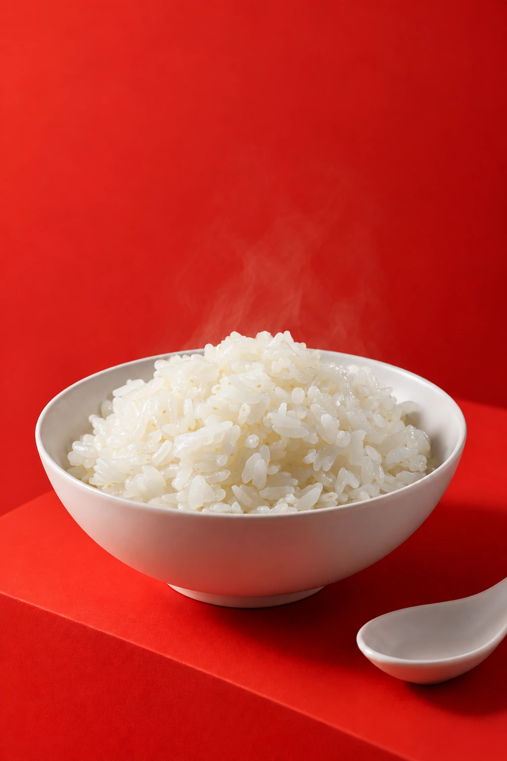 朱色の背景に、白い器に盛り付けた炊きたてのごはん