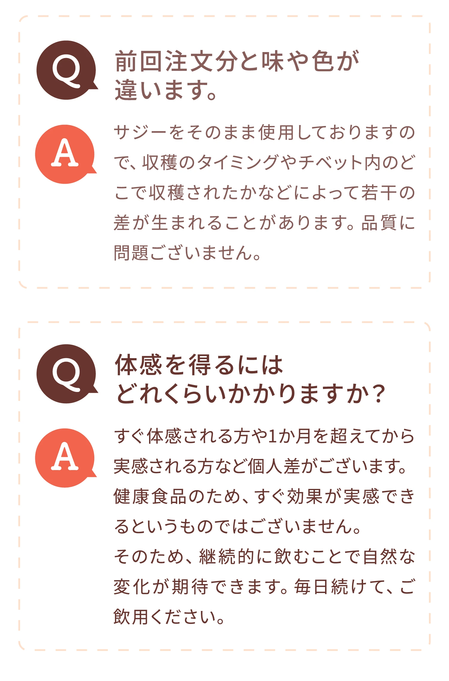 Q.前回注文分と味や色が違います。 A.サジーをそのまま使用しておりますので、収穫のタイミングやチベット内のどこで収穫されたかなどによって若干の差が生まれることがあります。品質に問題ございません。 Q.体感を得るにはどれくらいかかりますか？ A.すぐ体感される方や1か月を超えてから実感される方など個人差がございます。健康食品のため、すぐ効果が実感できるというものではございません。そのため、継続的に飲むことで自然な変化が期待できます。毎日続けて、ご飲用ください。