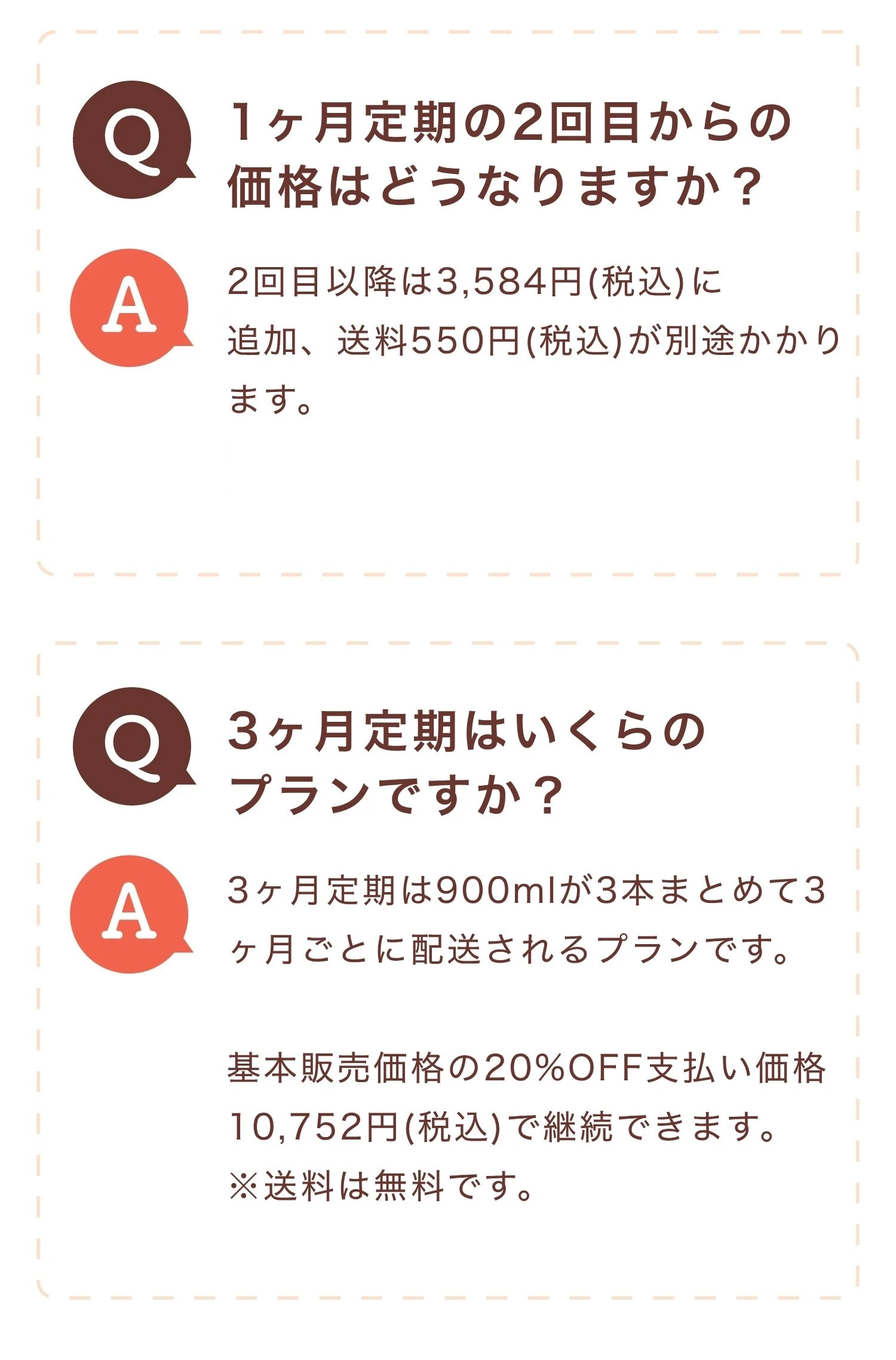 Q.1ヶ月定期の2回目からの価格はどうなりますか？A. 2回目以降は3,584円(税込)に追加、送料550円(税込)が別途かかります。Q. 3ヶ月定期はいくらのプランですか？A. 3ヶ月定期は900mlが3本まとめて3ヶ月ごとに配送されるプランです。基本販売価格の20%OFF支払い価格10,752円(税込)で継続できます。※送料は無料です。