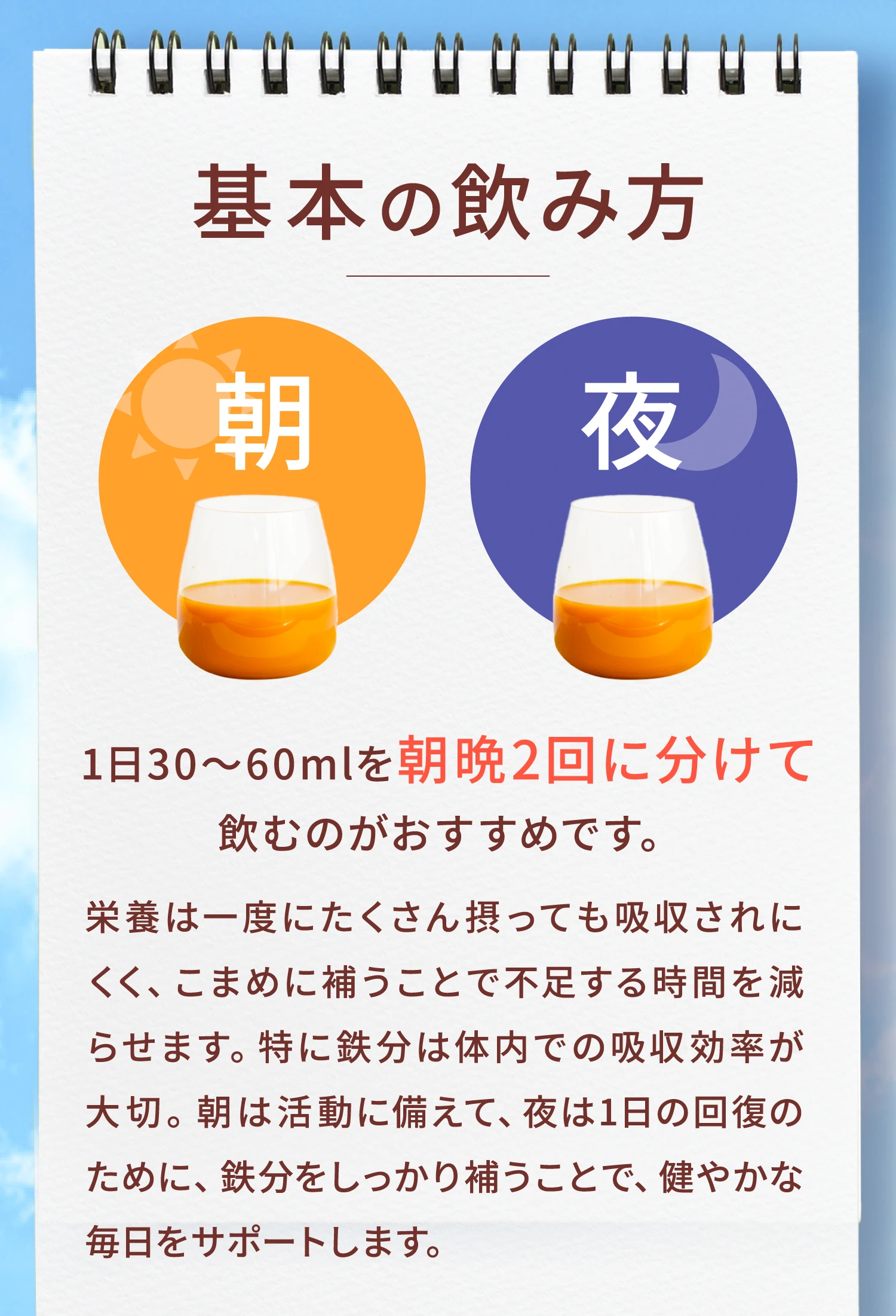 基本の飲み方 1日30～60mlを朝晩2回に分けて飲むのがおすすめです。栄養は一度にたくさん摂っても吸収されにくく、こまめに補うことで不足する時間を減らせます。特に鉄分は体内での吸収効率が大切。朝は活動に備えて、夜は1日の回復のために、鉄分をしっかり補うことで、健やかな毎日をサポートします。