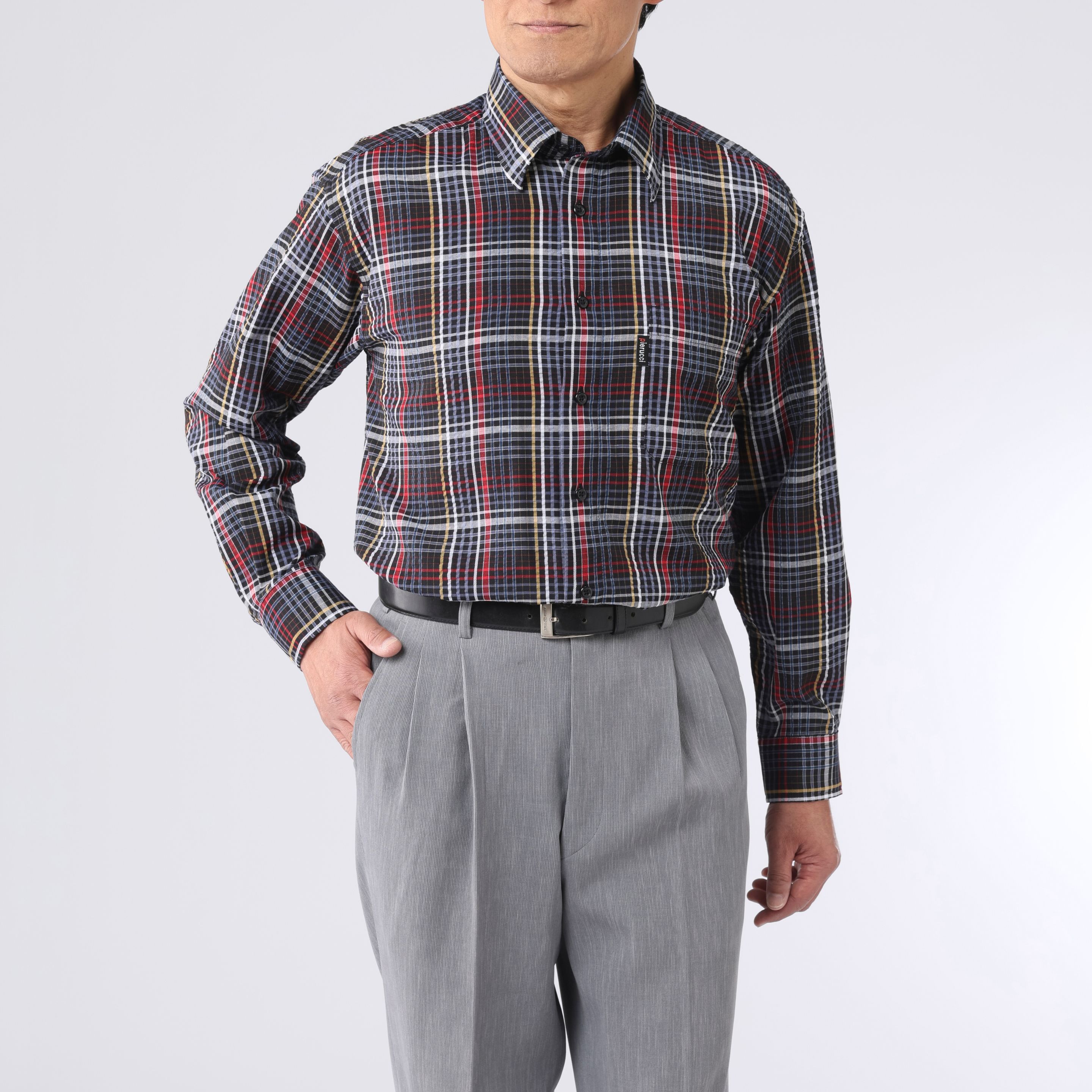 ピエルッチ サッカー生地格子柄長袖シャツ GV-081 1セット（2枚：2色×各1枚）