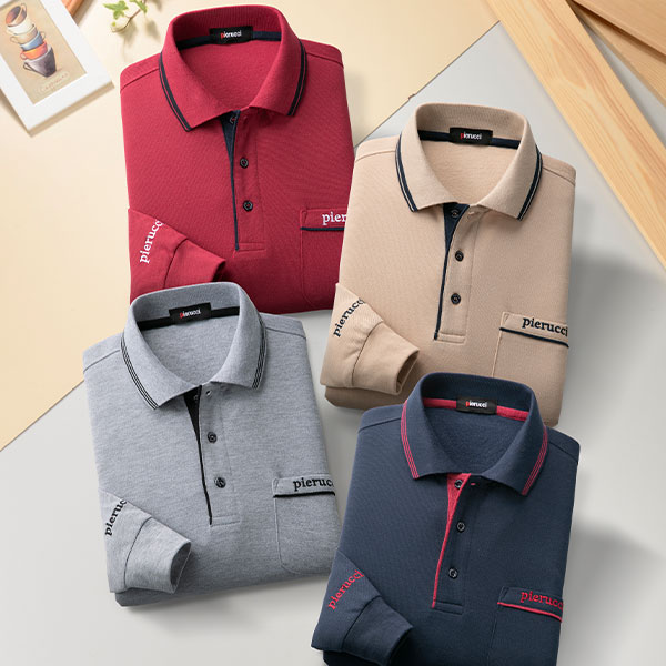 ピエルッチ 裏起毛刺繍入り長袖ポロシャツ4色組 AS-0778 1セット(4枚:4色×各1枚)