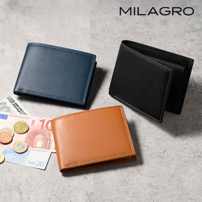ミラグロ 牛革キップレザー・ダブルステッチ2つ折り財布 SL-CD-3046 1個