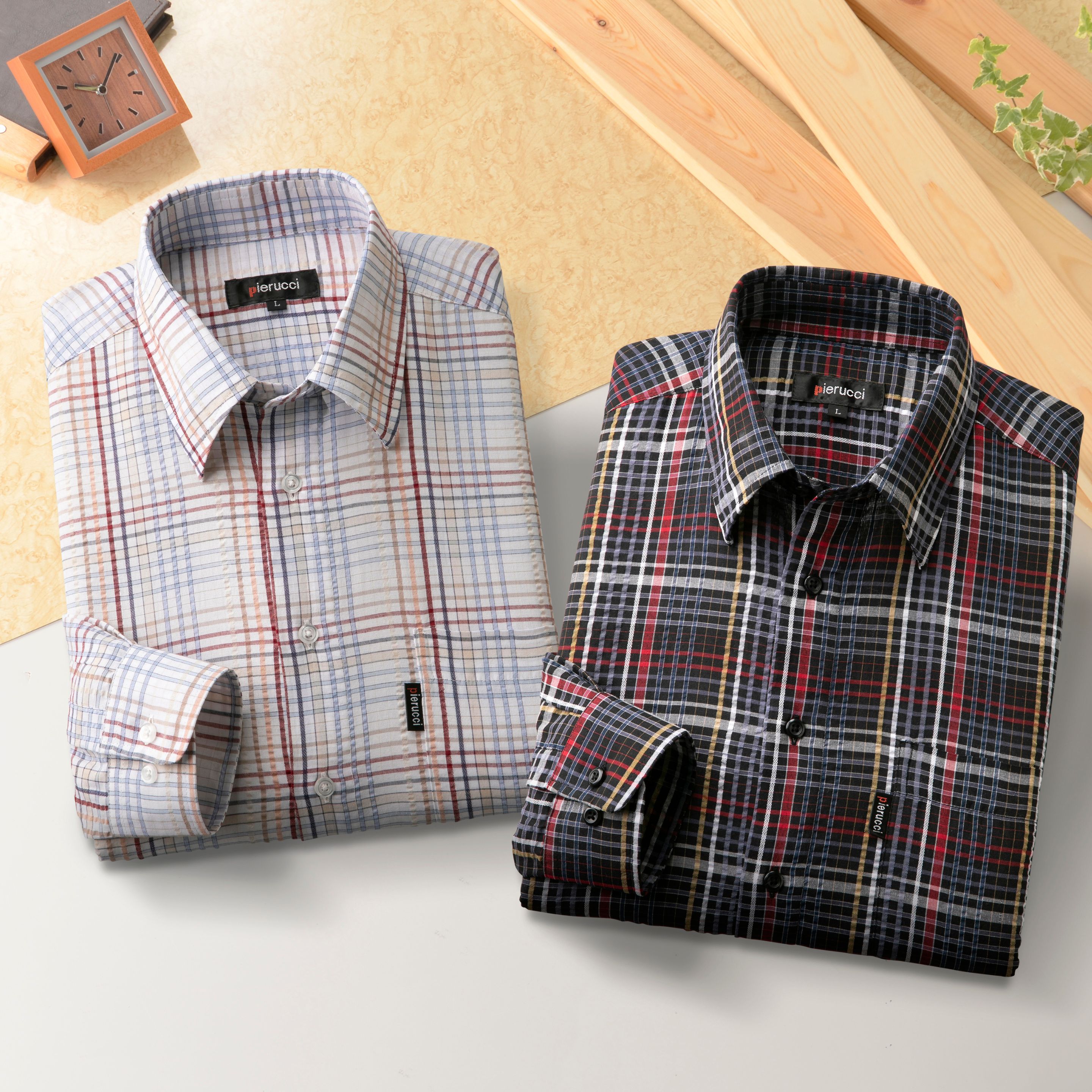 ピエルッチ サッカー生地格子柄長袖シャツ GV-081 1セット（2枚：2色×各1枚）