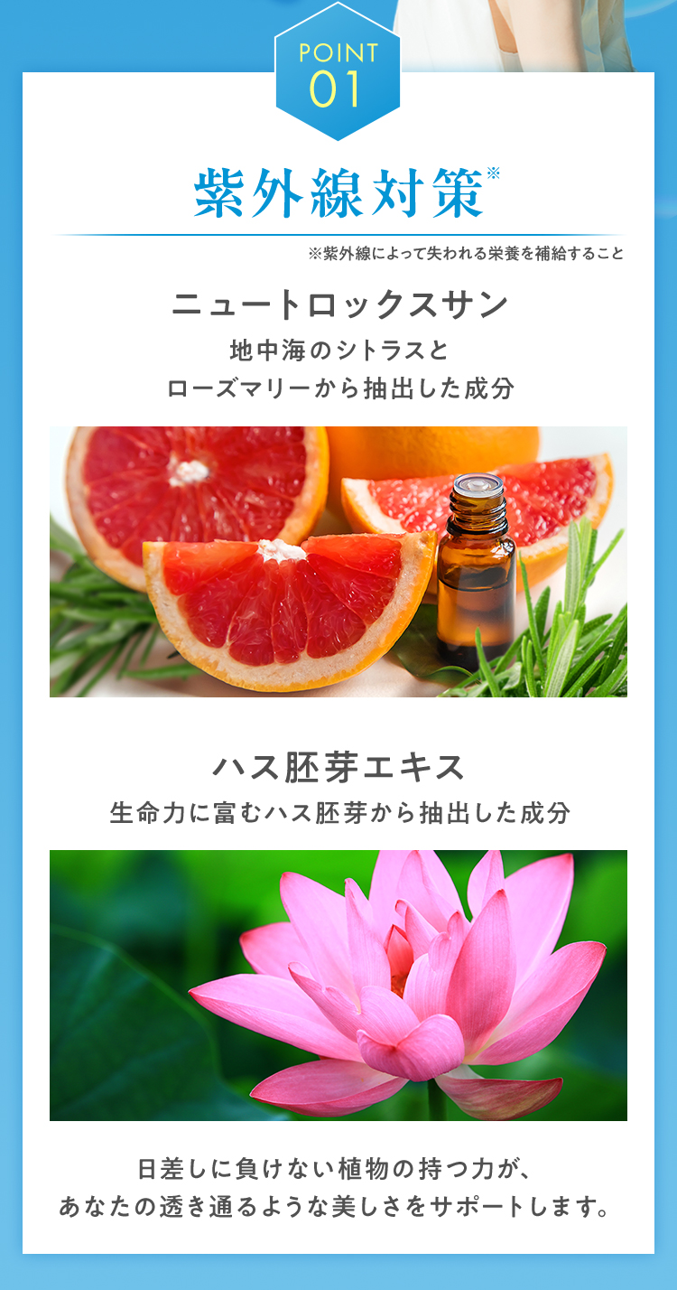 POINT01 紫外線対策 ニュートロックスサン 地中海のシトラスとローズマリーから抽出した成分 ハス胚芽エキス 生命力に富むハス胚芽から抽出した成分 日差しに負けない植物の持つ力が、あなたの透き通るような美しさをサポートします。