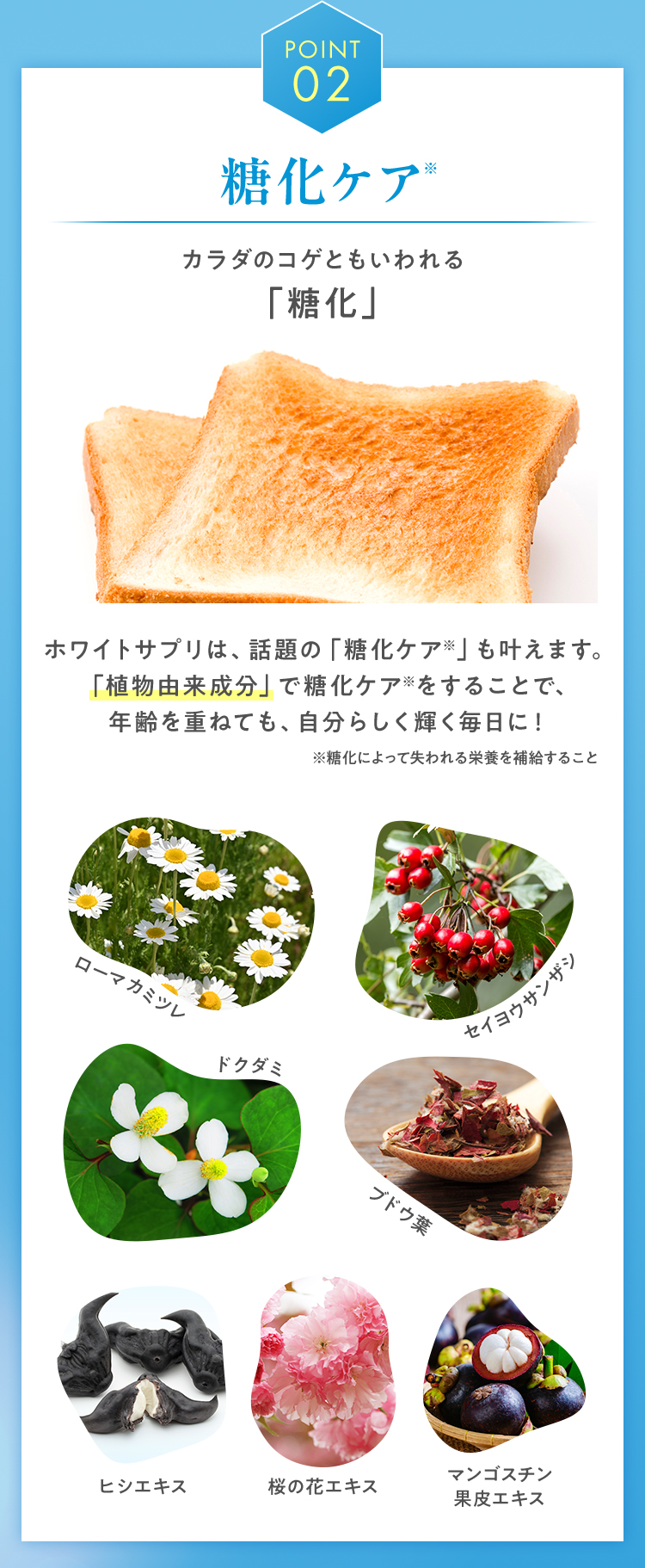 POINT02糖化ケア カラダのコゲともいわれる「糖化」 ホワイトサプリは、話題の「糖化ケア※」も叶えます。「植物由来成分」で糖化ケア※をすることで、年齢を重ねても、自分らしく輝く毎日に！ローマカミツレ セイヨウサンザシ ドクダミ ブドウ葉 ヒシエキス 桜の花エキス マンゴスチン果皮エキス