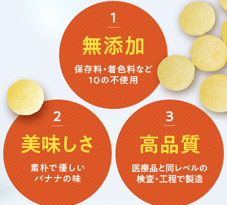 1 無添加 保存料・着色料など10の不使用　2 美味しさ 素朴で優しいバナナの味　3 高品質 医療品と同レベルの検査・工程で製造