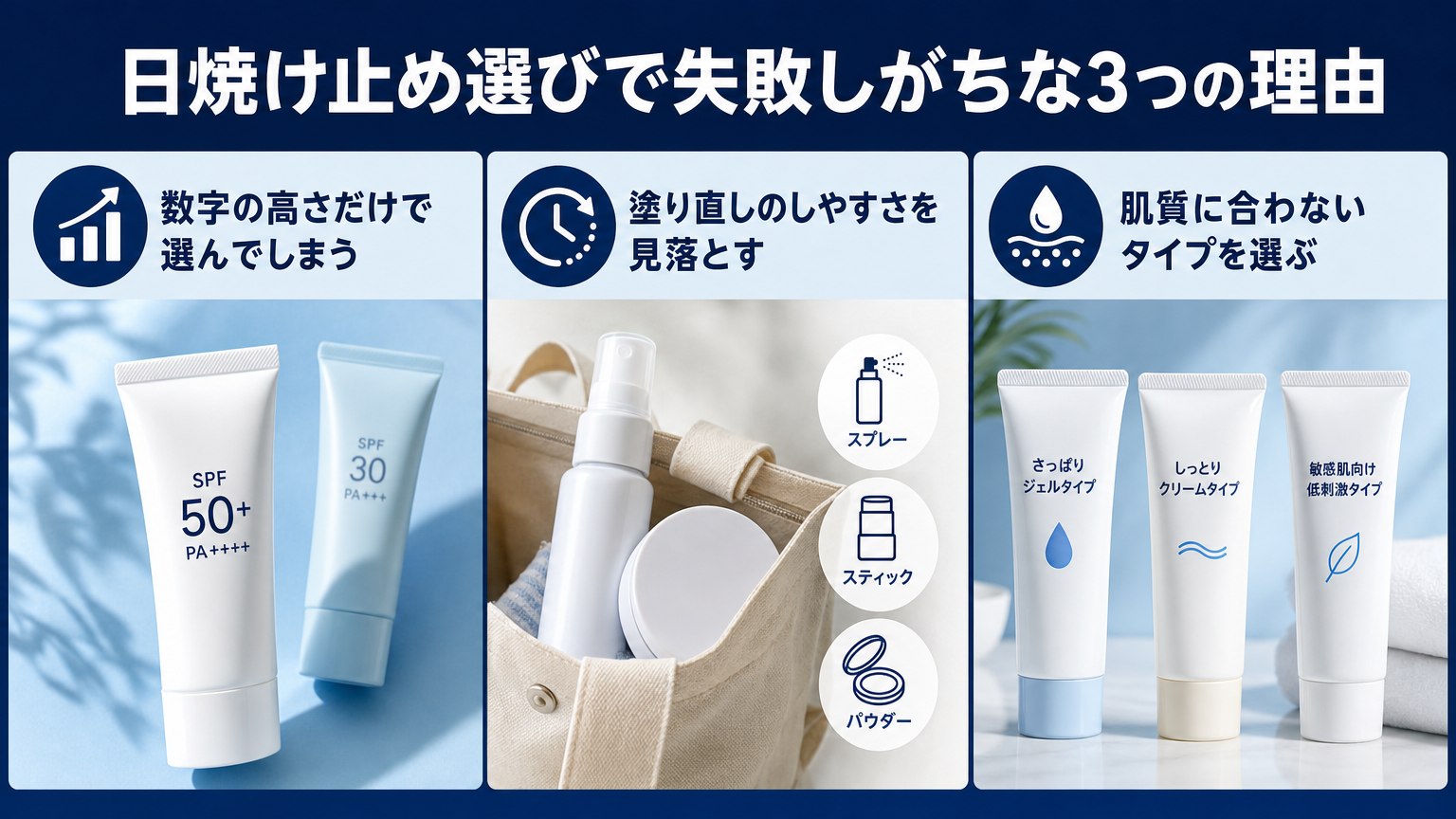 日焼け止め選びで失敗しがちな3つの理由の図解