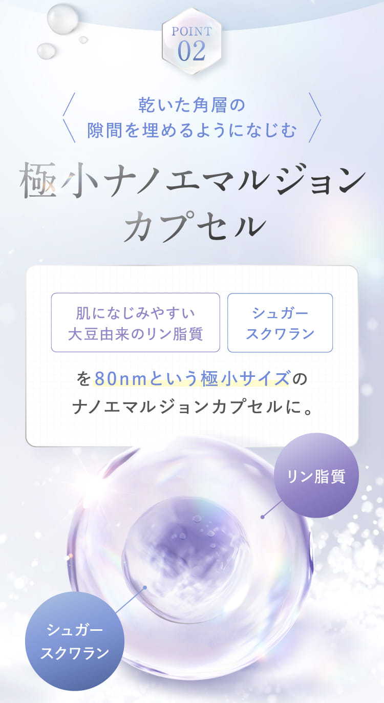 乾いた角層の隙間を埋めるようになじむ極小ナノエマルジョンカプセル