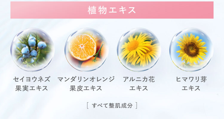 植物エキス：セイヨウネズ果実エキス、マンダリンオレンジ果皮エキス、アルニカ花エキス、ヒマワリ芽エキス。すべて整肌成分。