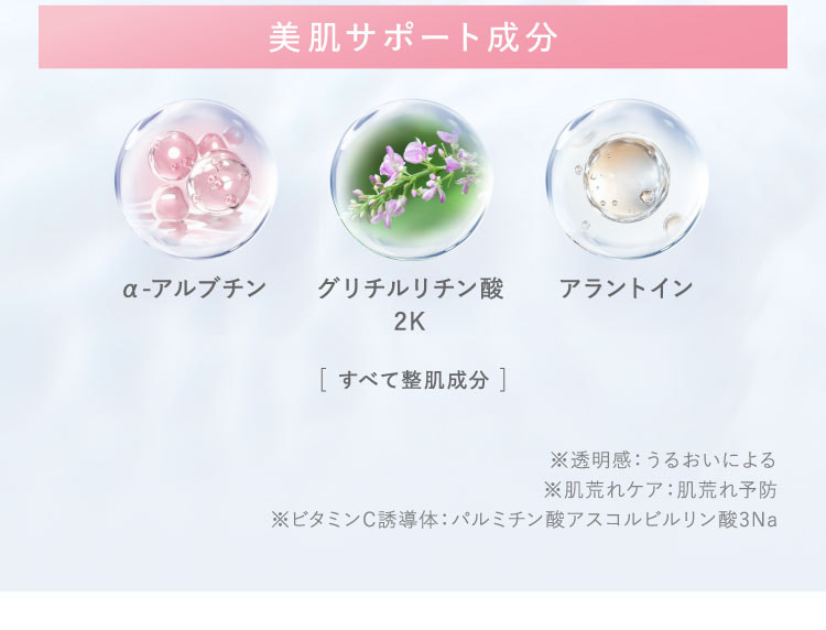 美肌サポート成分：α-アルブチン、グリチルリチン酸2K、アラントイン。すべて整肌成分。※透明感：うるおいによる。肌荒れケア：肌荒れ予防。ビタミンC誘導体：パルミチン酸アスコルビルリン酸3Na。