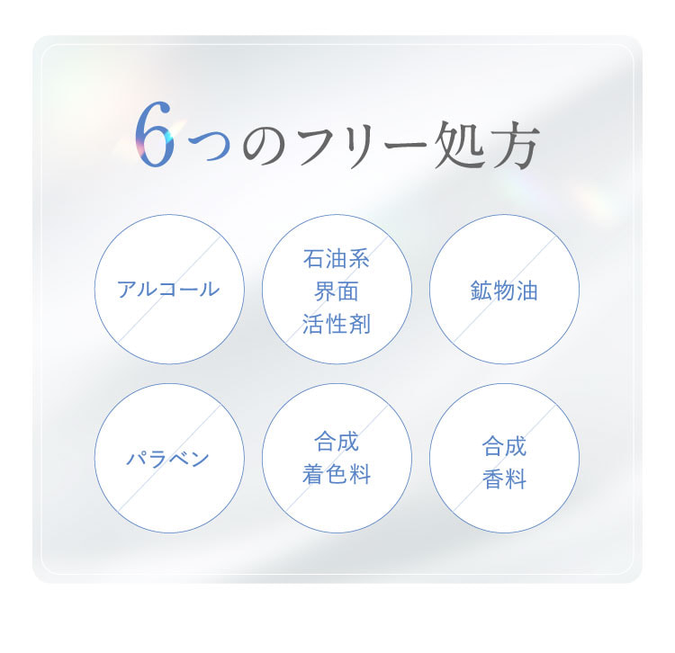 6つのフリー処方：アルコール、石油系界面活性剤、鉱物油、パラベン、合成着色料、合成香料。