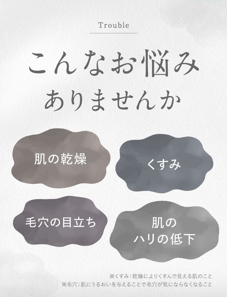 こんなお悩みありませんか。肌の乾燥、くすみ、毛穴の目立ち、肌のハリの低下。※くすみ：乾燥によりくすんで見える肌のこと。毛穴：肌にうるおいを与えることで毛穴が気にならなくなること。