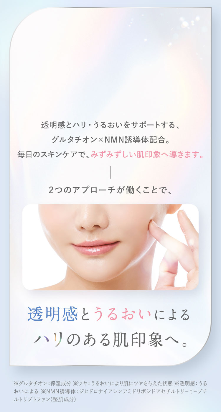 透明感とハリ・うるおいをサポートする、グルタチオン×NMN誘導体配合。毎日のスキンケアで、みずみずしい肌印象へ導きます。2つのアプローチが働くことで、透明感とうるおいによるハリのある肌印象へ。※グルタチオン：保湿成分。ツヤ：うるおいにより肌にツヤを与えた状態。透明感：うるおいによる。NMN誘導体：整肌成分。
