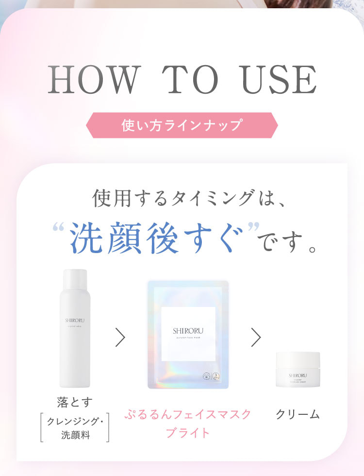 HOW TO USE。使用するタイミングは洗顔後すぐです。クレンジング・洗顔料で落とす、ぷるるんフェイスマスク ブライト、クリームの順にお使いください。
