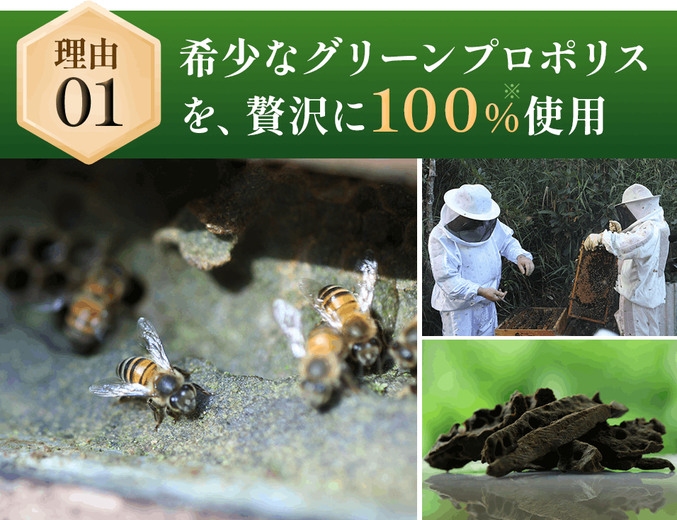 理由1 希少なグリーンプロポリスを、贅沢に100%使用