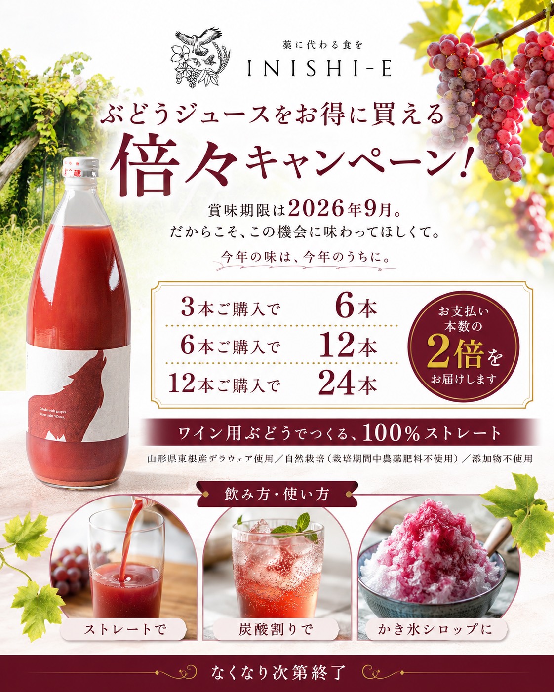 【倍々キャンペーン】ぶどうジュース 1L　ワイン用ぶどうでつくる100%ストレートジュース　山形県東根産デラウェア使用