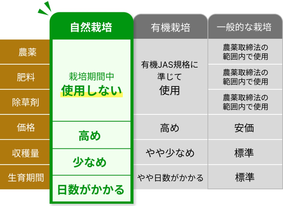 自然栽培・有機栽培・一般的な栽培の比較表