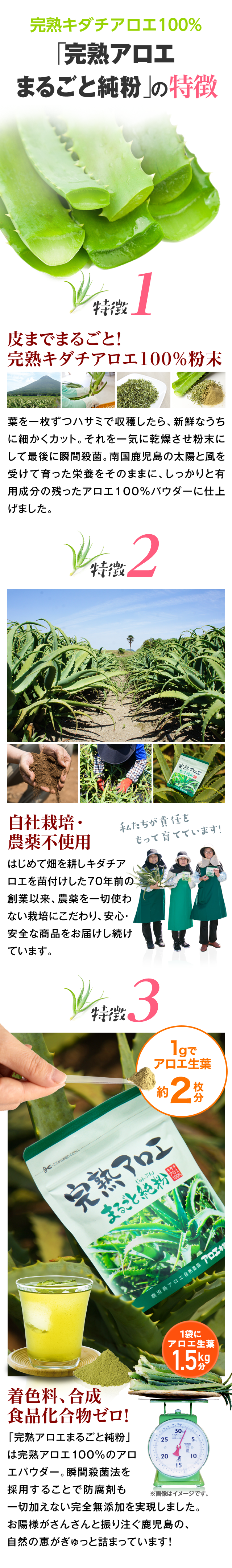 完熟キダチアロエ100%「完熟アロエまるごと純粉」の特徴
