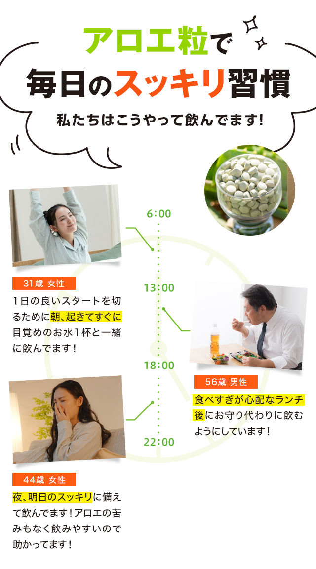 アロエ粒で毎日のスッキリ習慣。私たちはこうやって飲んでます！