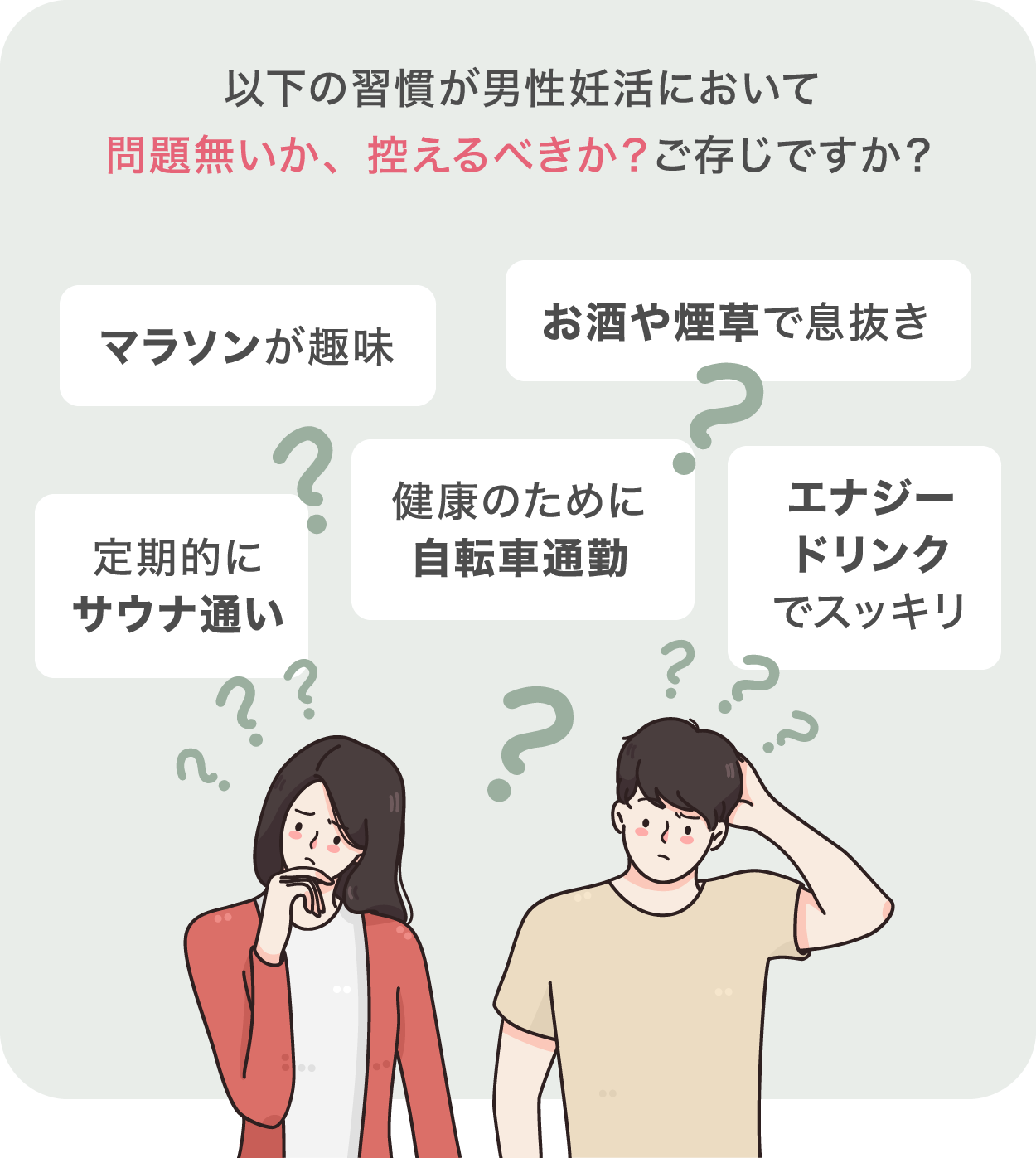 以下の習慣が男性妊活において問題無いか、控えるべきか？ご存じですか？